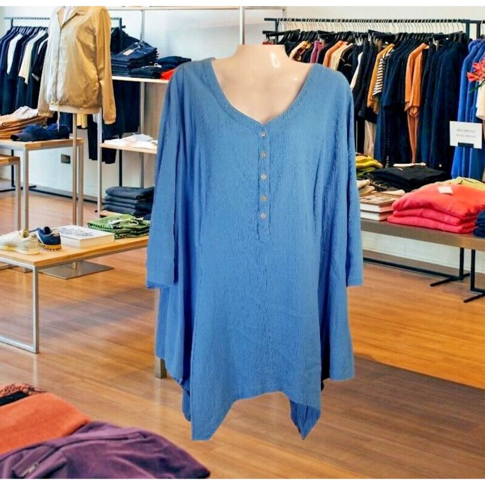 Woman Within Women's Tunic Top Blue Textured Sharkbite Hemline Size 18/20